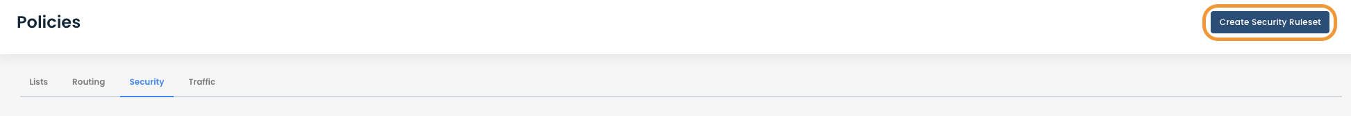 Navigation menu showing policies with a highlighted button for creating security ruleset.